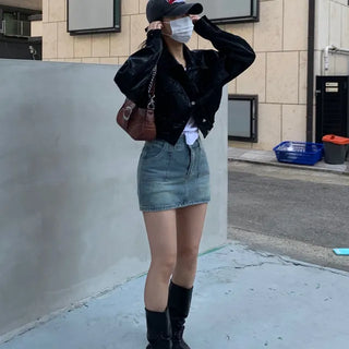 Two-button denim mini skirt