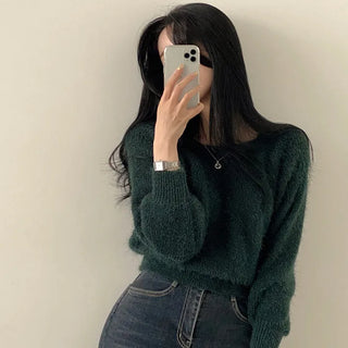 Soft and Fluffy~ Angora Square Neck Crop Long Sleeve Knit