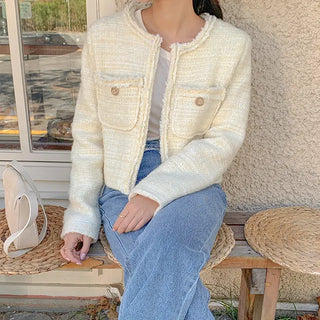 Lamb semi-cropped open tweed jacket