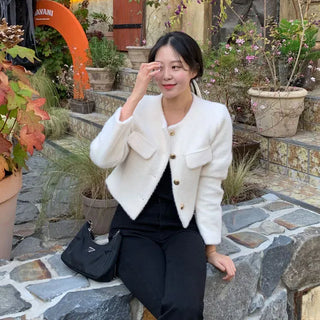 Av Round Collarless Gold Button Tweed Jacket