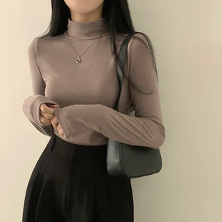 Fleece-lined Mock Turtleneck Plain Long Sleeve T-shirt with No Neck Constriction