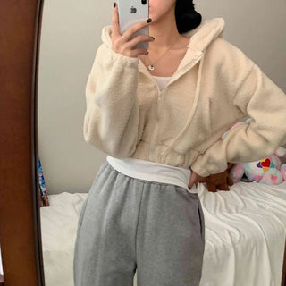[Cinched Waist] Sherpa Crop Fleece Zip-Up Hoodie (3 colors)