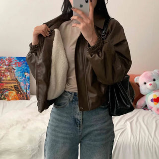 [No Shedding / Fur Lining] Leather Winter Short Padded Zip-Up Jumper