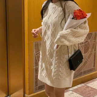 Thick Winter Loose Fit Oversized Cable Knit Mini Dress Long Knit
