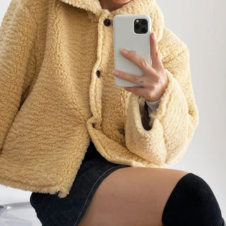 Cropped Fur Jacket   Winter Outerwear Shearling Eco Fur Jacket Loose Fit Short Fur Jacket