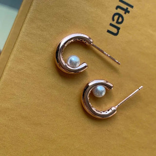 Rose Gold Swarovski Pearl Half Ring Earrings