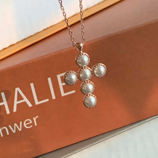 Rose Gold Cross Line Swarovski Pearl Layered Long Necklace