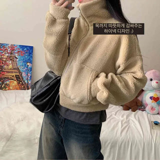 [Heavyweight/Super Warm!] High-Neck Mink Fur Crop Fleece Zip-Up (4 colors)