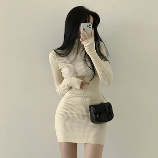 Heartthrob Captivating, Ribbed Turtleneck Stretchy Warmer Long-Sleeve Knit Mini Dress