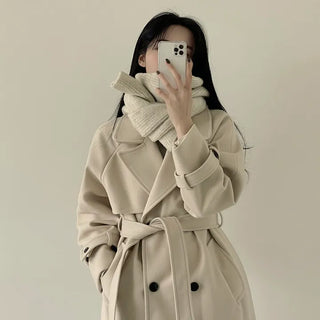Oversized Double Trench Belted Quilted Wool Long Coat with Non-Striking Shoulders