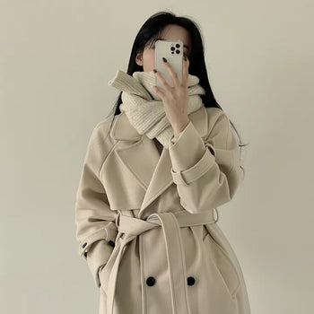 Oversized Double Trench Belted Quilted Wool Long Coat with Non-Striking Shoulders