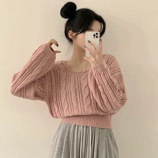 Full of Loveliness, Thick Cable Knit Square Neck Crop Long Sleeve Knit