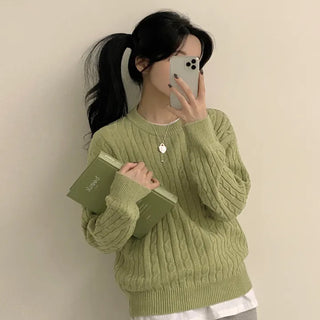Lovely Mood, Cashmere Cable Knit Round Loose Fit Long Sleeve Knit