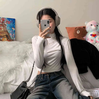 [Half-Crop Version] Rosé Stretchy Turtleneck Long Sleeve Tee (4 colors)