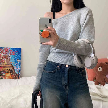 [Cinched Waist/15% Wool] Off-Shoulder Thick Cashmere Asymmetrical Delicate Fit Knit (5 colors)