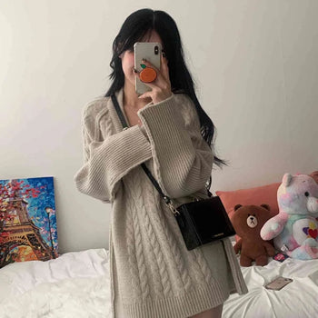[Year-end Look/Thick] Grande Cable Knit V-Neck Dress (4 colors)