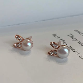 Rose Gold Freshwater Pearl Cubic Rabbit Earrings