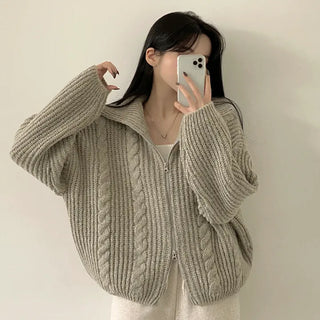 Protective Instinct Oversized Fit, Thick Cable Knit High-Neck Collar Two-Way Zip-Up Cardigan