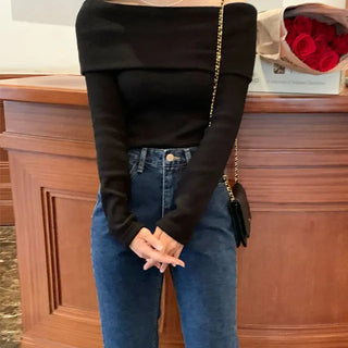 *Black* Slim Long Sleeve T-shirt Year-end Look Party Look Winter Fleece-lined Off-shoulder T-shirt