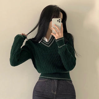 Slimming Cashmere Color Block Stitch Cable Knit V-Neck Crop Long Sleeve Knit