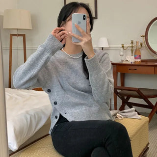 Naming Wool Diagonal Button Slit Round Neck Ribbed Knit