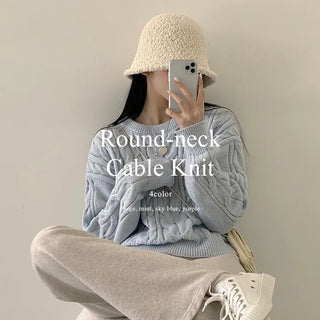 Lovely Mood, Cable Knit Round Loose Fit Long Sleeve Knit