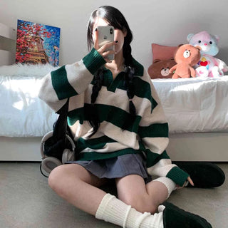 [Unisex/Boxy Fit] Striped Half-Open Thick Collared Knit (4 colors)