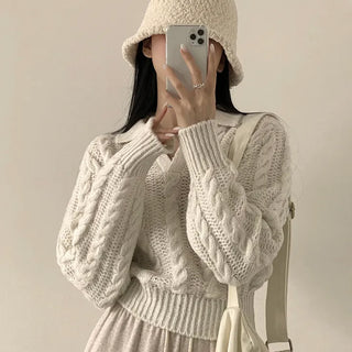 Fluffy~ Cable Knit Cropped Long Sleeve Knit