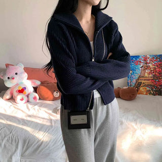 [Two-way ver/Loose Fit] High-neck Half-crop Raglan Knit Zip-up Cardigan (4 colors)