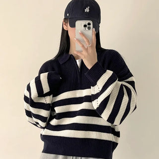 Full of Loveliness! Hazzi Half-Zip Contrast Striped Long Sleeve Knit