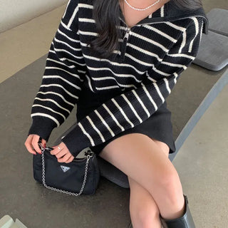 Creme Half-Zip Sailor Collar High-Neck Striped Knit