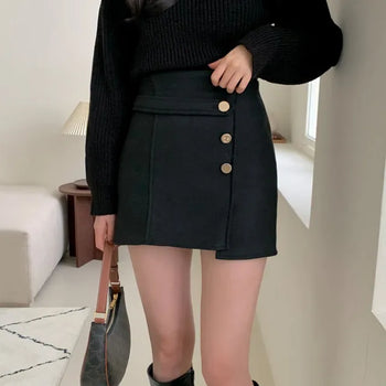 Eyes Asymmetrical Cut Button Wool Mini Skirt