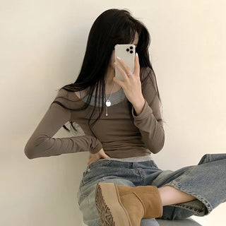 Slimming U-Neck Plain Crop Fleece-Lined Long Sleeve T-Shirt