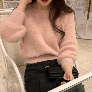 Spring Square Neck Feather Fur Angora Knit Square Neck Delicate Crop Knit 4col