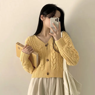 Full of Cuteness, Cable Knit V-Neck Crop Cardigan