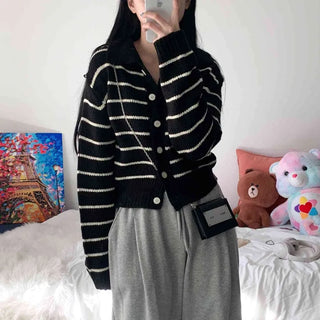 [Spring New Arrival/Delicate Fit/Effortless Chic] Humming Striped Collared Neck Crop Cardigan (5 colors)