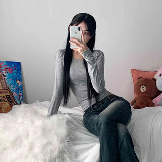 [Delicate Fit/New Spring Arrival] U-Neck Round Daily Basic Long-Sleeve Inner Tee (4 Colors)