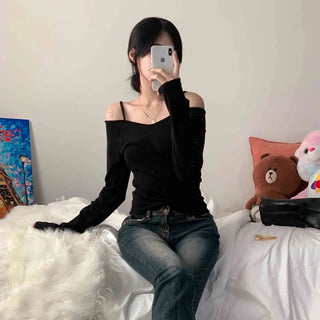 [Fleece-lined ver./Delicate Fit] Off-shoulder Sweet Shoulder Cutout Long Sleeve Tee (3 colors)