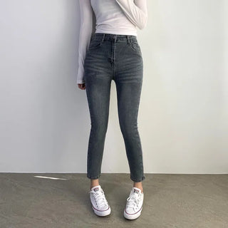 [Select Length/Stretch] Grayish Skinny High-Waisted Slim-Fit Long Pants