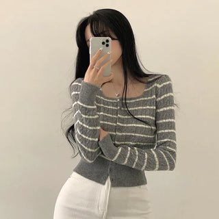 Slimming Cashmere Striped Square Neck Cable Knit Crop Long Sleeve Cardigan