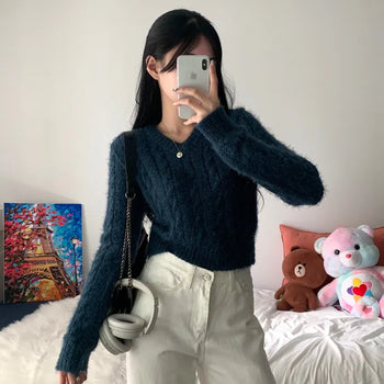 [No shedding/Cinched waist/Soft and smooth~] Pine Needle Cable Knit Delicate Fit V-Neck Crop Knit (4 colors)