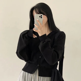 Slimming Cotton V-Neck Slit Long Sleeve Cardigan