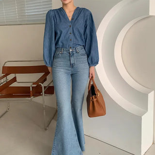Frill denim shirring blouse