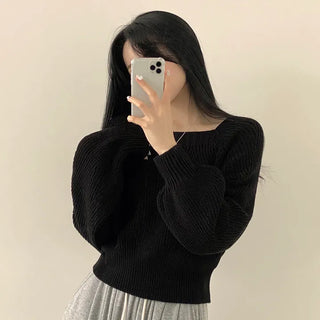 Delicate~ Punched Square Neck Hacci Balloon Crop Long Sleeve Knit
