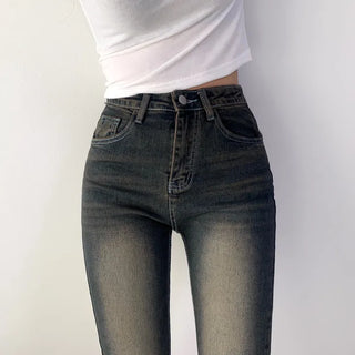 [Smooth/Select Length] Deep Blue Washed Slim Fit High-Waisted Bootcut Denim Long Pants