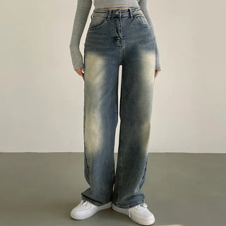 Trendy Colors, High-Waisted Washed Straight Wide Long Denim Pants
