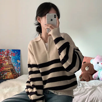 [Avant-garde Fit / Soft / Guaranteed Pretty!] Striped Half-Zip Collared Knit (5 colors)