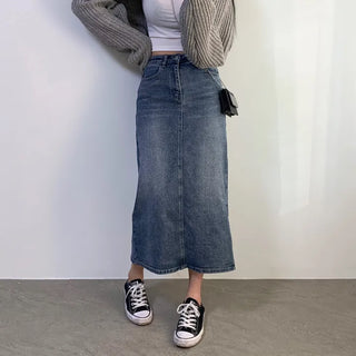 [Side Slit/Stretch/Spring Version] Medium Wash Denim Long Skirt