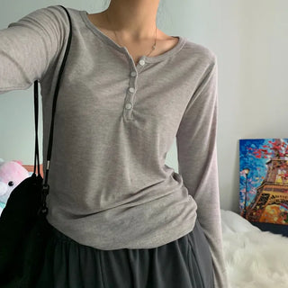 [Delicate/Stretchy/Fine Ribbed] Slit Button Layered Round Neck Basic Long Sleeve T-shirt (5 colors)