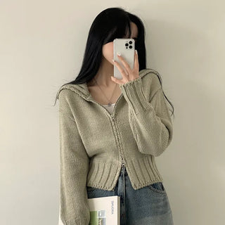 Lovely Mood, Two-Way Collar Zip-Up Crop Knit Cardigan